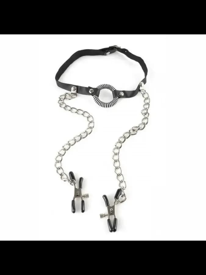 Кляп-расширитель для рта с зажимами на соски O-RING GAG WITH