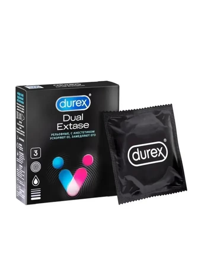 Презервативы Дюрекс Dual Extase рельефные, с анестетиком 3шт