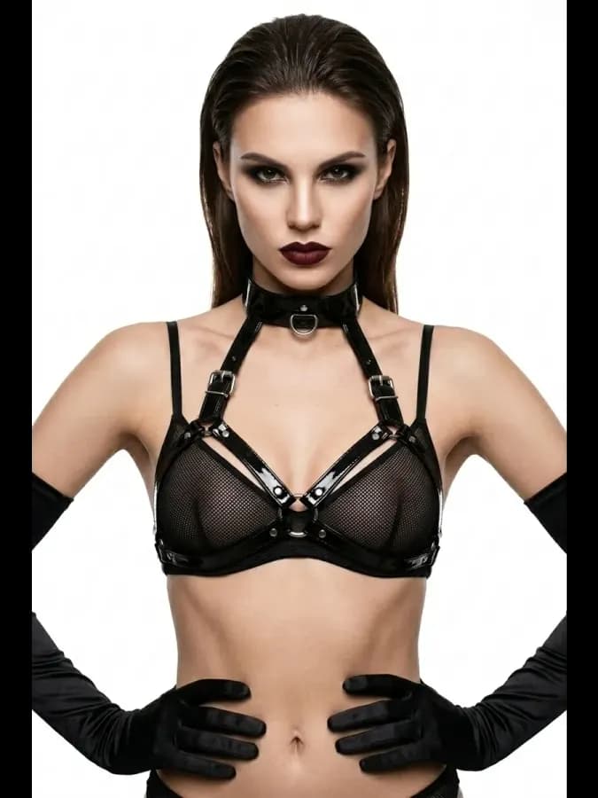 Сбруя с ошейником из черной лакированной кожи — фото 5