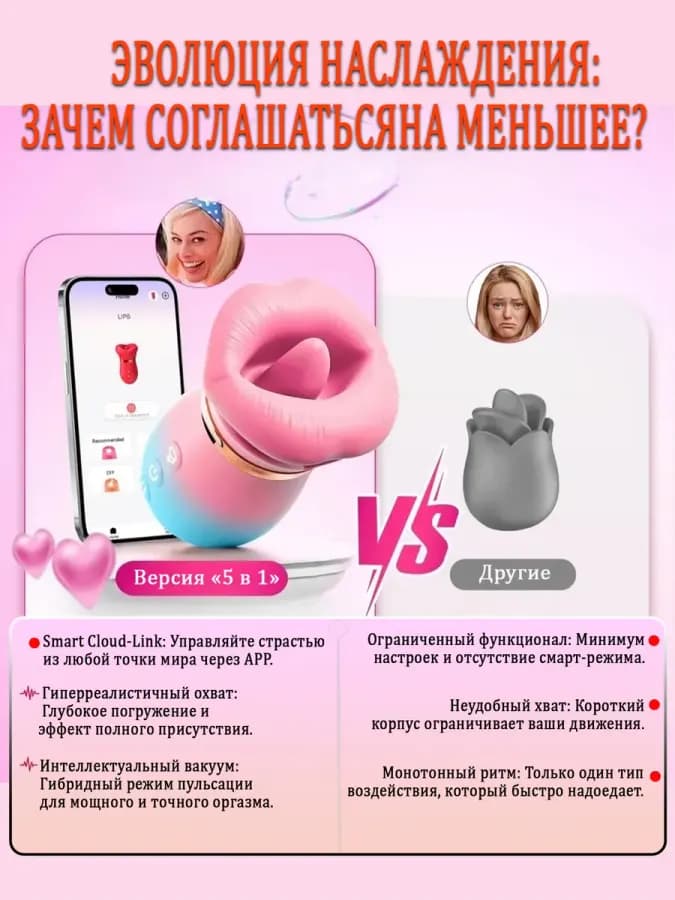 Вибратор вакуумный клиторальный язык 5 в 1