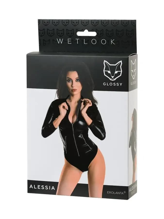 Боди Glossy Alessia из материала Wetlook на молнии черное L — фото 3