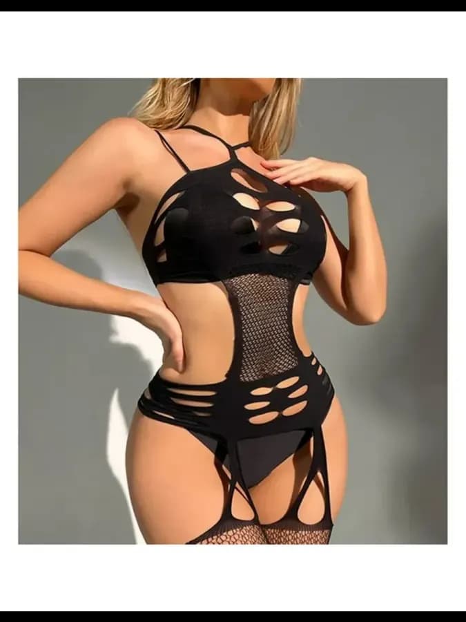 Черное, эротическое белье с имитацией чулок, OS — фото 3