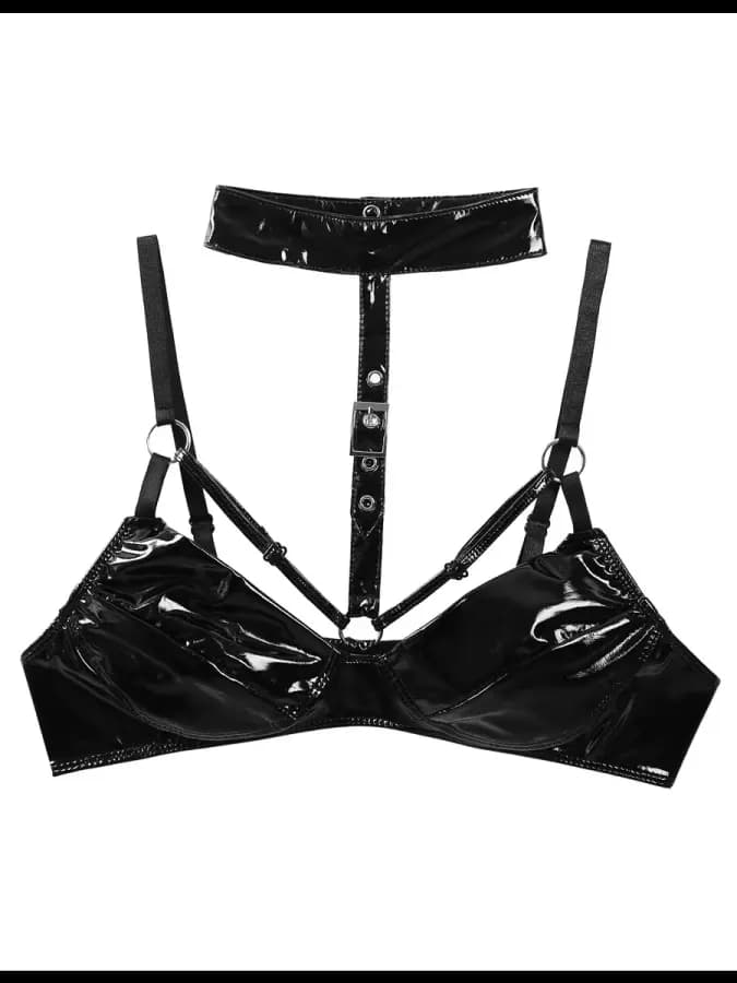 Бюстгальтер из глянцевой кожи с чокером портупея — фото 5